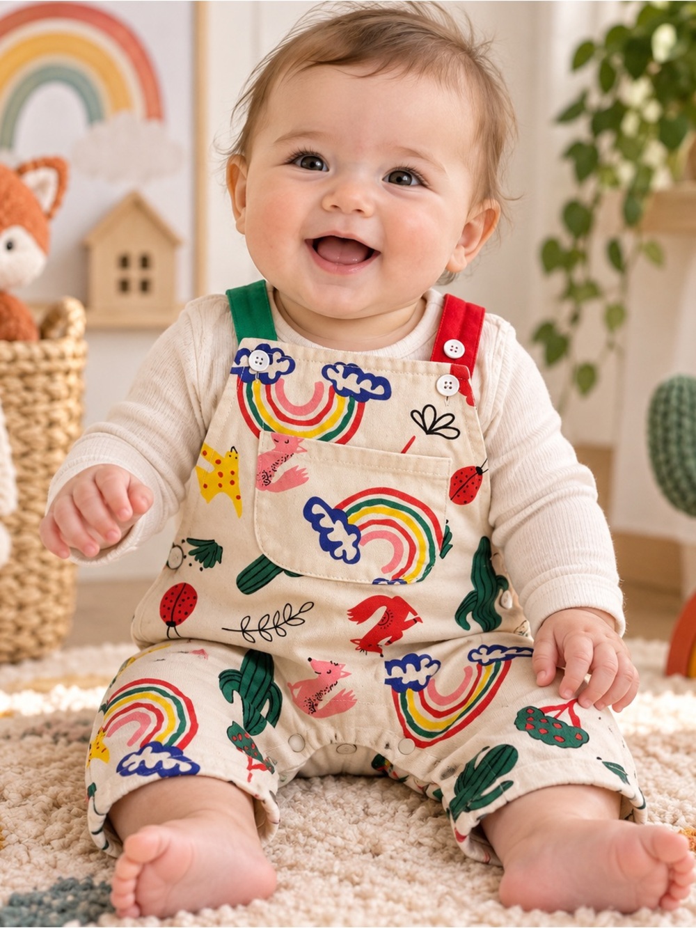 MiniOlie Baby Rainbow Fox Cactus Animal Print Cotton Overalls 3-6M